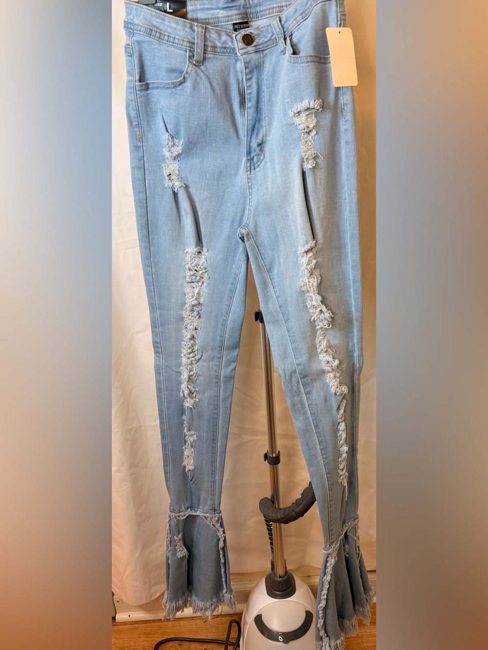 New With Tags Jazz Light Blue Distressed Women's Jeans with Frayed Flare Hem